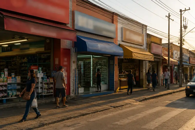 Rua de comércio de bairro no fim de tarde, com farmácia e ótica
