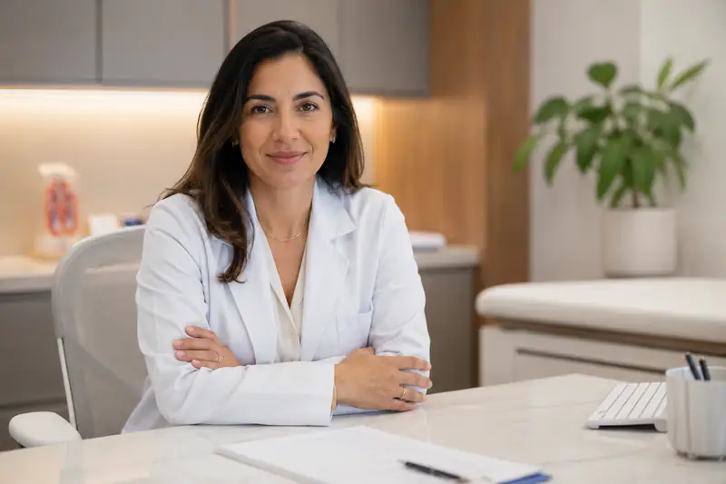 Profissional de saúde em consultório claro