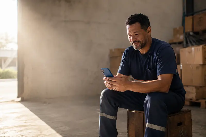 Colaborador de uniforme olhando o celular no galpão